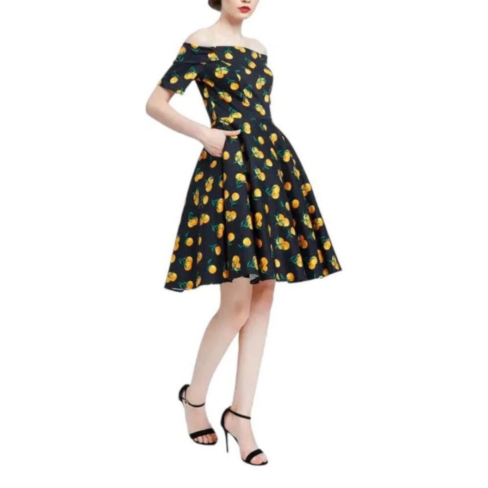 Miss Lulo fit & flare dress Mandarin Orange print off shoulder pinup vixen retro